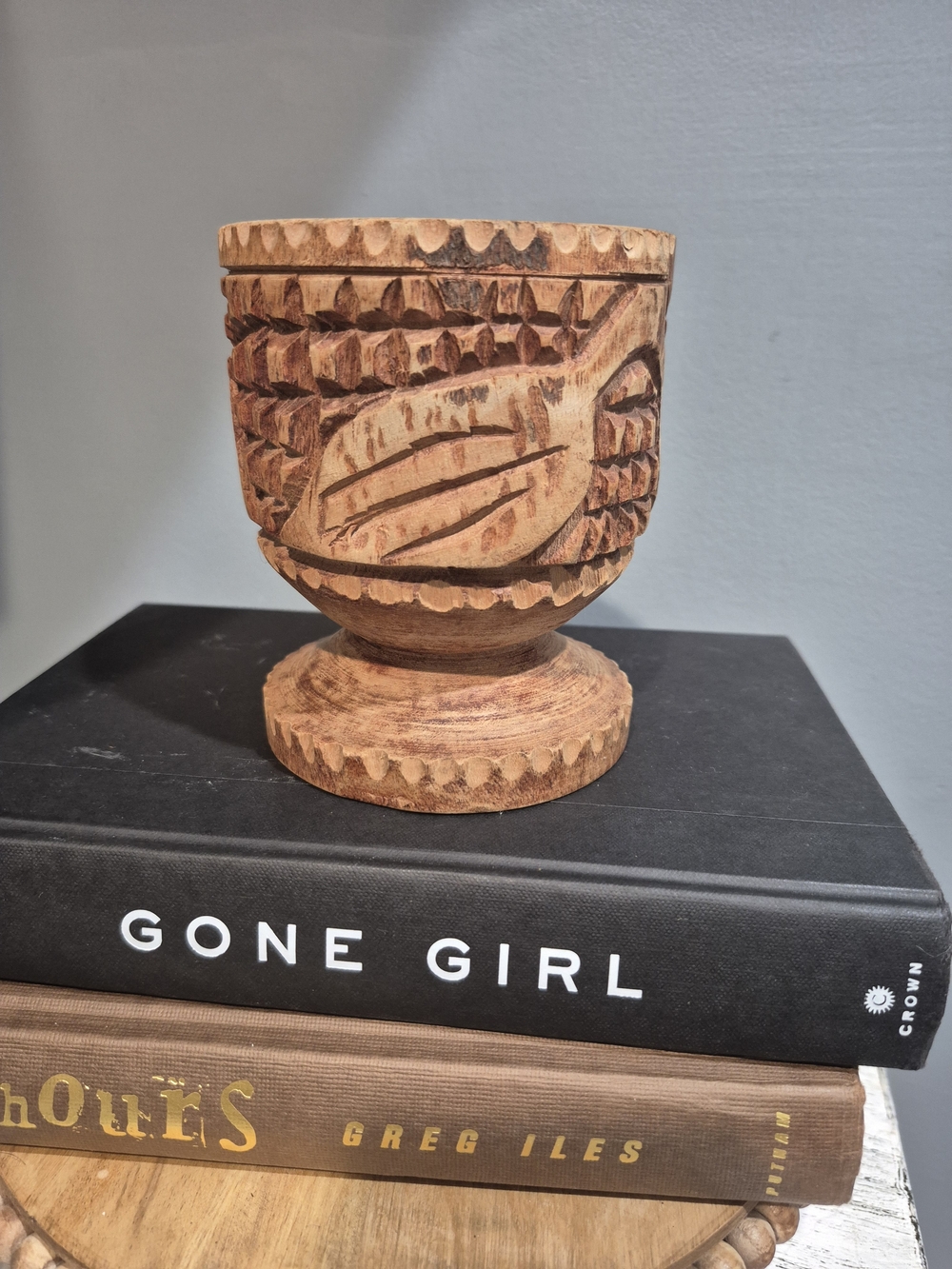 Vintage Handmade Handcarved Solid Wood Heavy Vase Or Decor Piece Boho Style Leaf